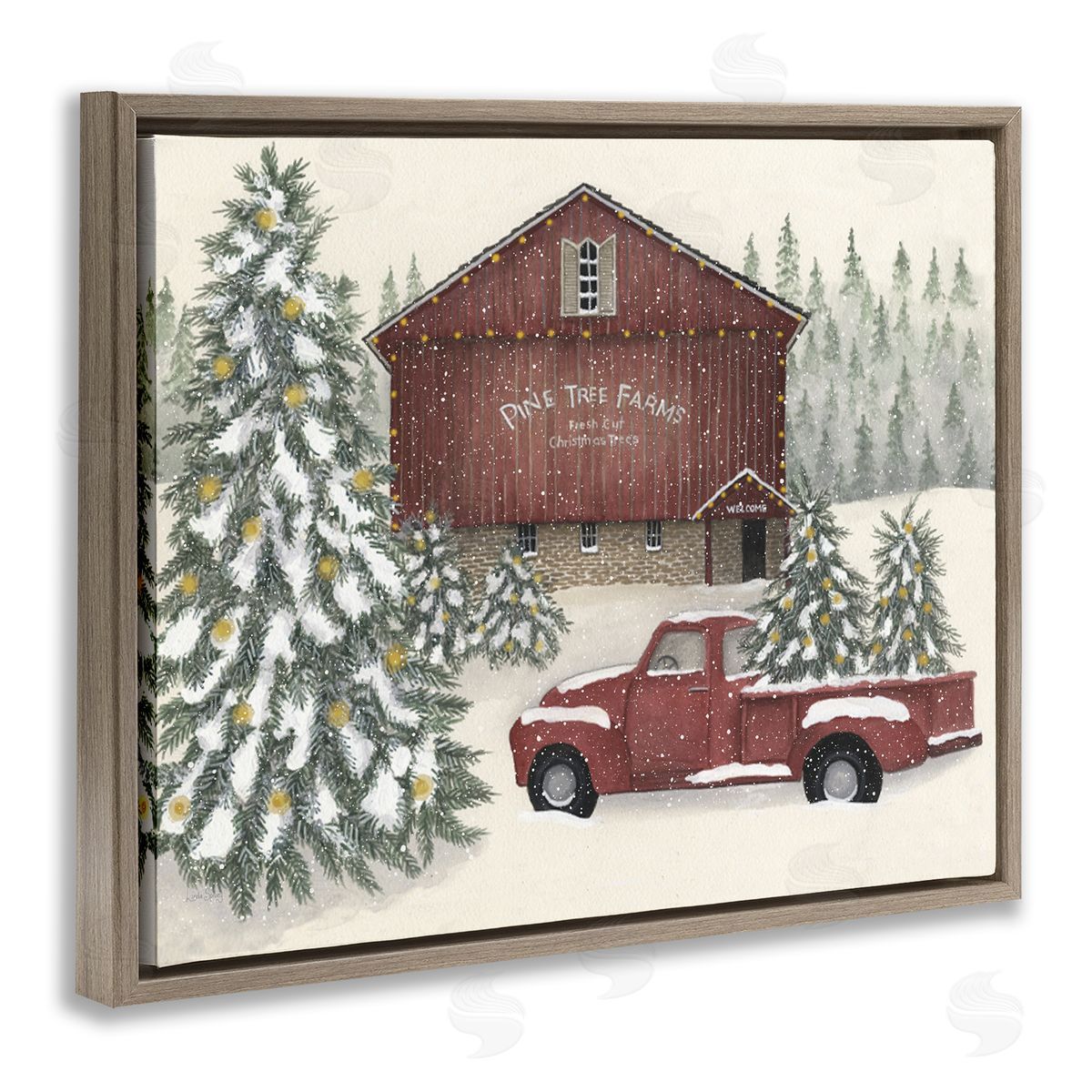 Winter Pine Tree Farm Brown Floating Frame Canvas Wall Art, Home Decor by Linda Spivey
