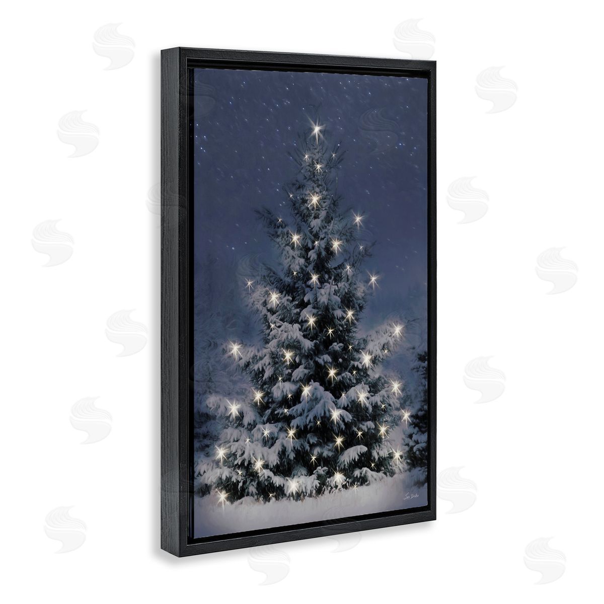 Snowy Nighttime Christmas Tree Black Floating Frame Canvas Wall Art, Home Decor by Lori Deiter