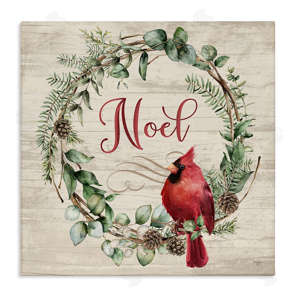 Noel Wreath with Cardinal Canvas Wall Art, Home Decor by Mollie B.