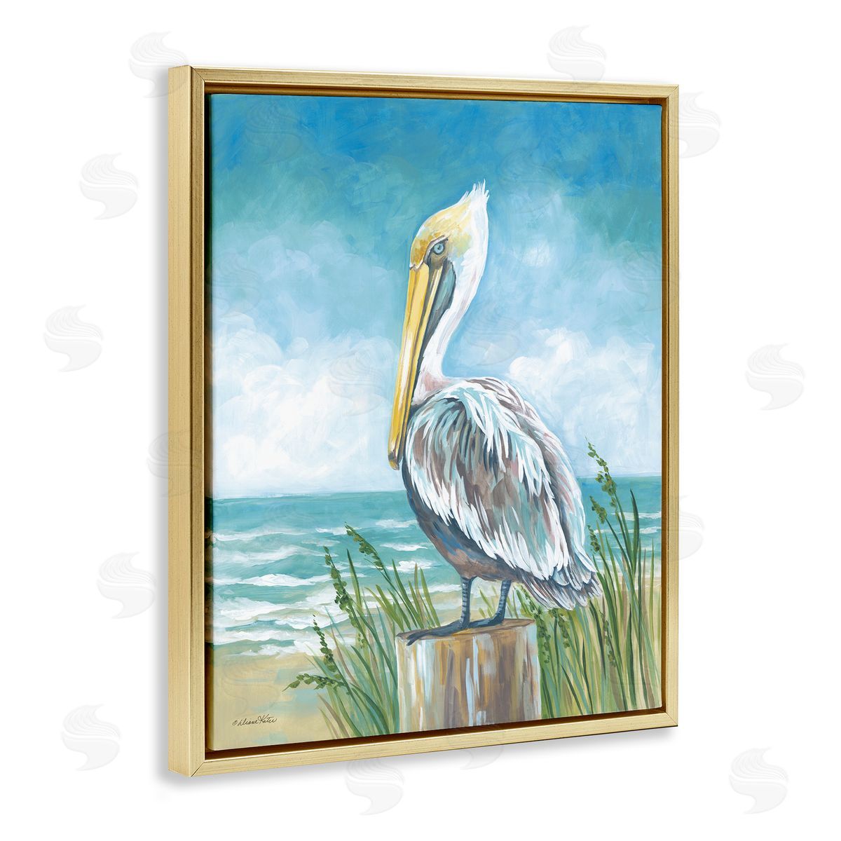 Pelican Perched near Shore Gold Floating Frame Canvas Wall Art, Home Decor by Diane Kater
