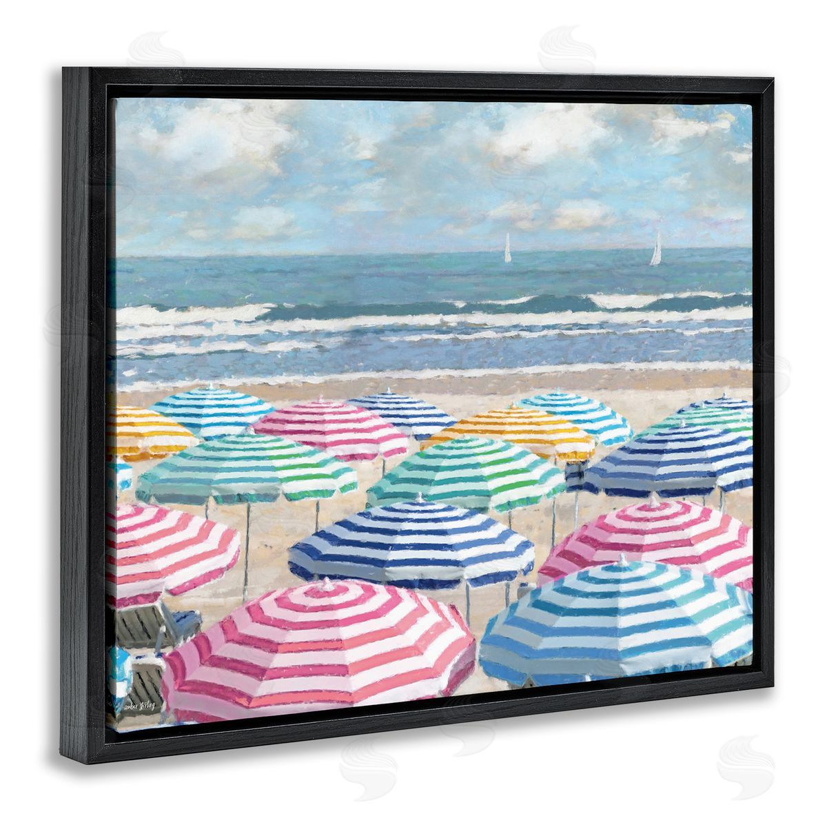 Shore with Bright Umbrellas Black Floating Frame Canvas Wall Art, Home Decor by Amber Sterling