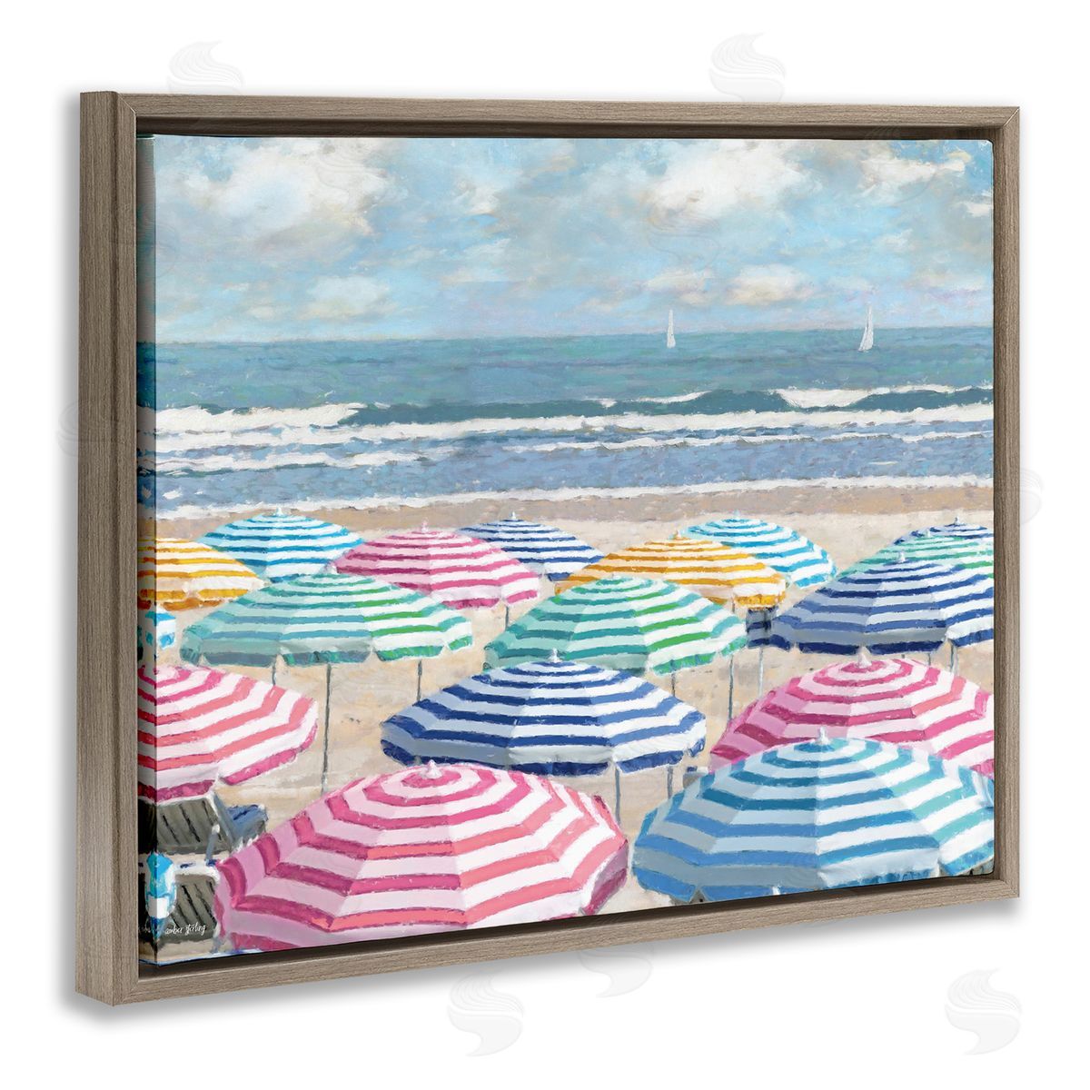 Shore with Bright Umbrellas Brown Floating Frame Canvas Wall Art, Home Decor by Amber Sterling