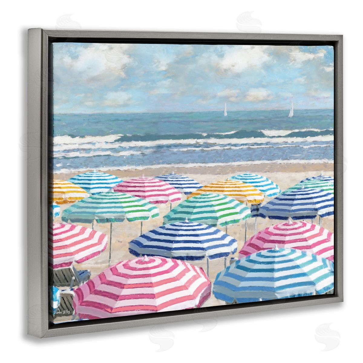 Shore with Bright Umbrellas Grey Floating Frame Canvas Wall Art, Home Decor by Amber Sterling