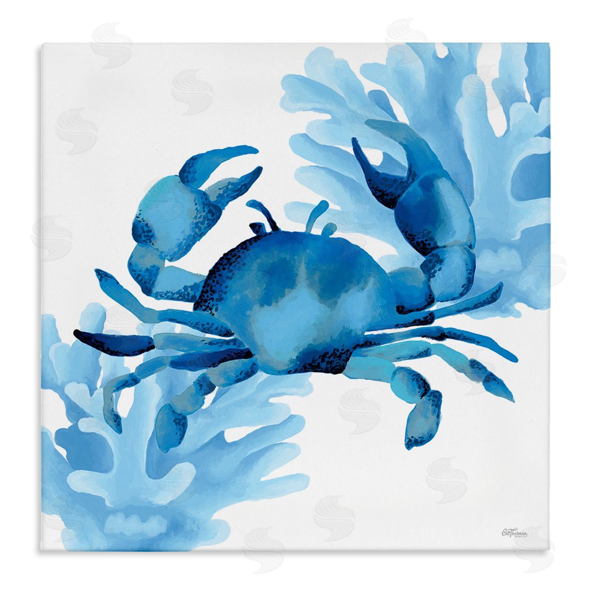 Blue Tone Crab & Coral Canvas Wall Art, Home Decor by Cat Thurman Designs