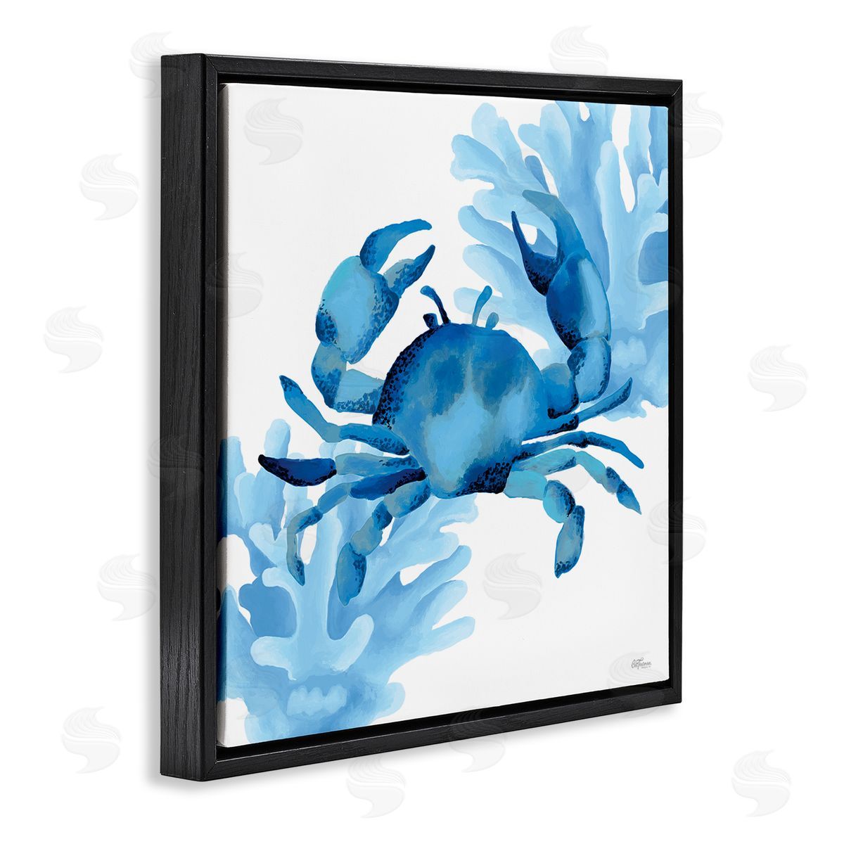Blue Tone Crab & Coral Black Floating Frame Canvas Wall Art, Home Decor by Cat Thurman Designs