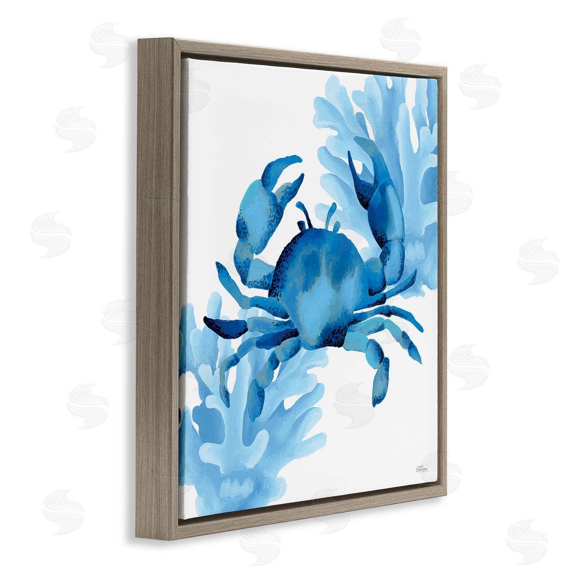 Blue Tone Crab & Coral Brown Floating Frame Canvas Wall Art, Home Decor by Cat Thurman Designs