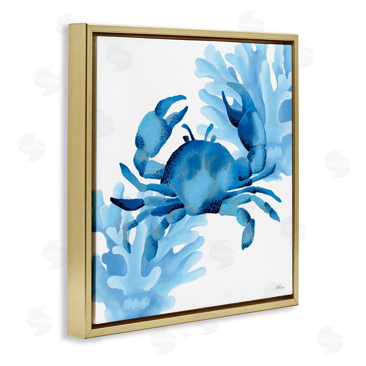 Blue Tone Crab & Coral Gold Floating Frame Canvas Wall Art, Home Decor by Cat Thurman Designs