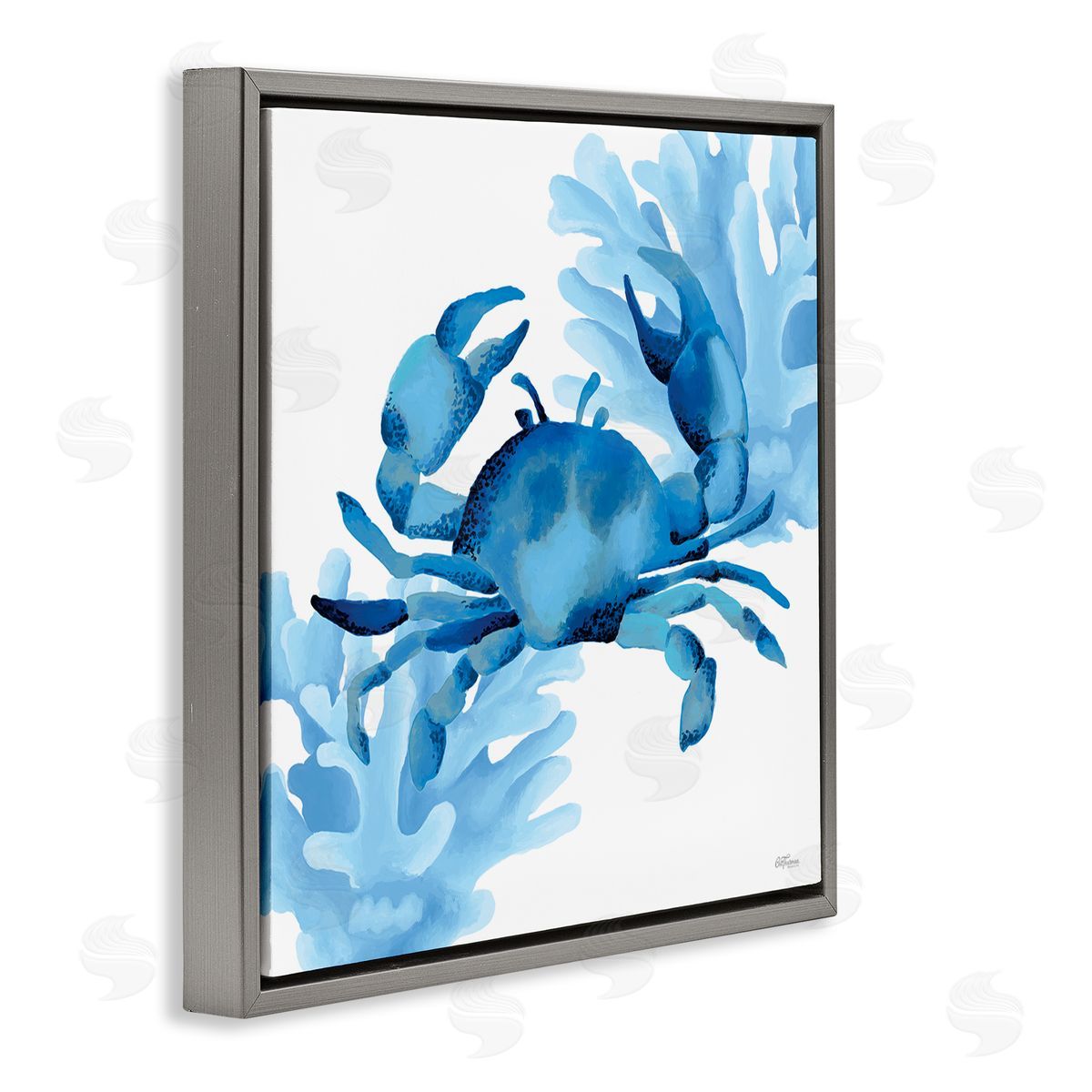 Blue Tone Crab & Coral Grey Floating Frame Canvas Wall Art, Home Decor by Cat Thurman Designs