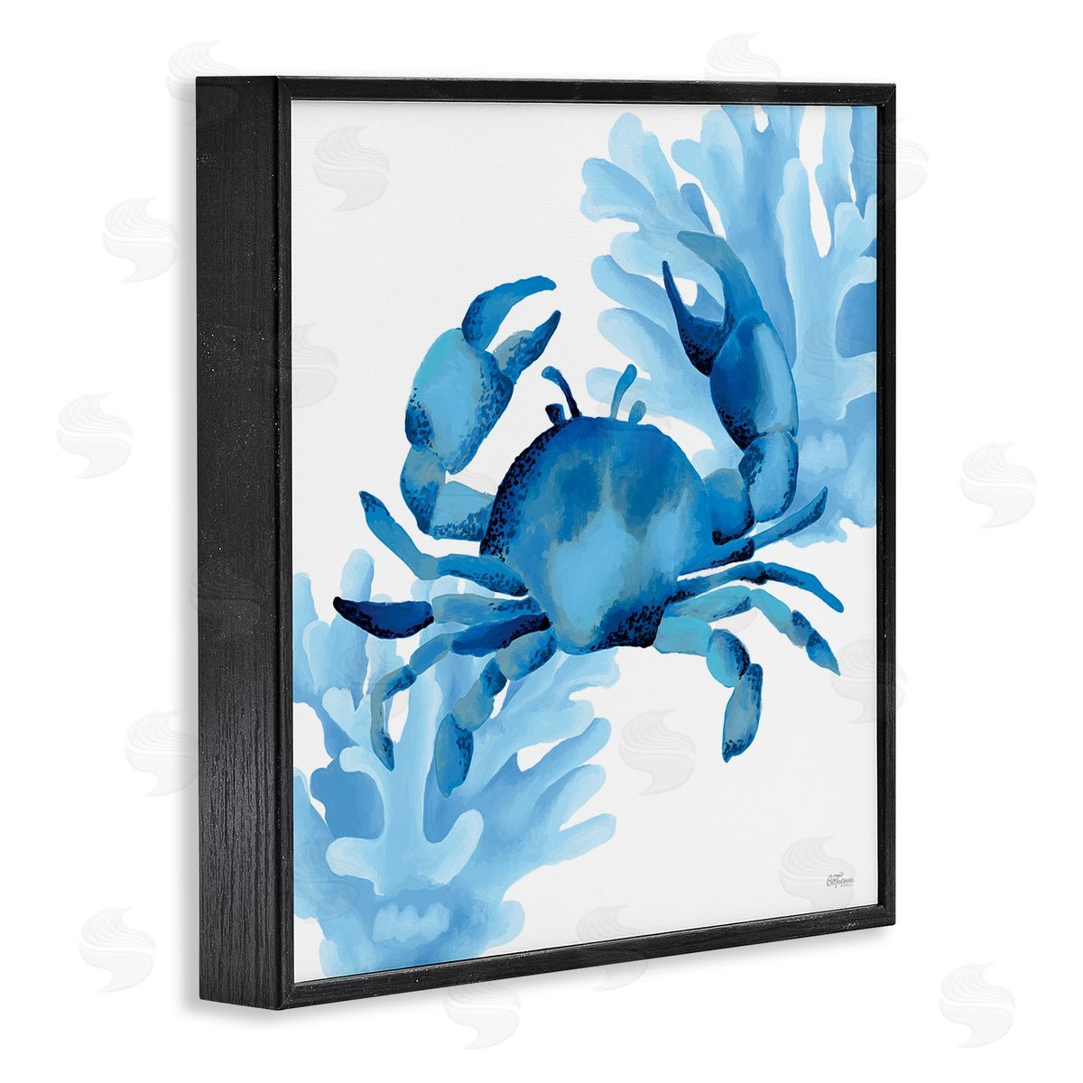 Blue Tone Crab & Coral Black Frame Print Wall Art, Home Decor by Cat Thurman Designs