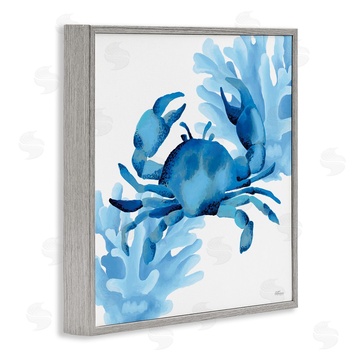 Blue Tone Crab & Coral Grey Frame Print Wall Art, Home Decor by Cat Thurman Designs