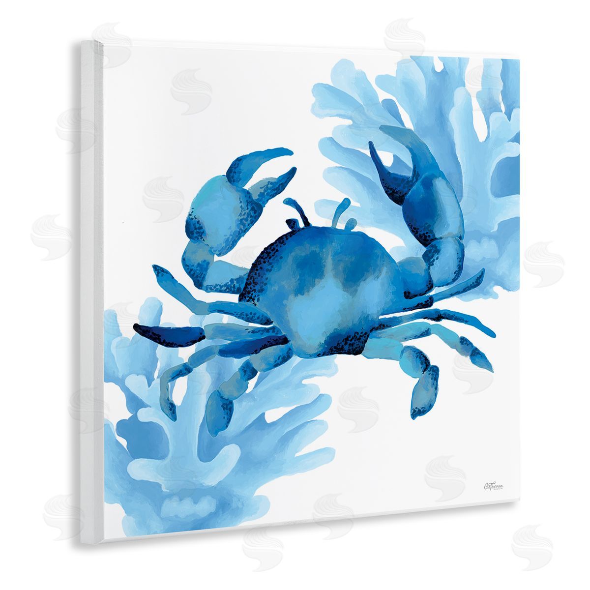 Blue Tone Crab & Coral Wood Plaque Wall Art, Home Decor by Cat Thurman Designs