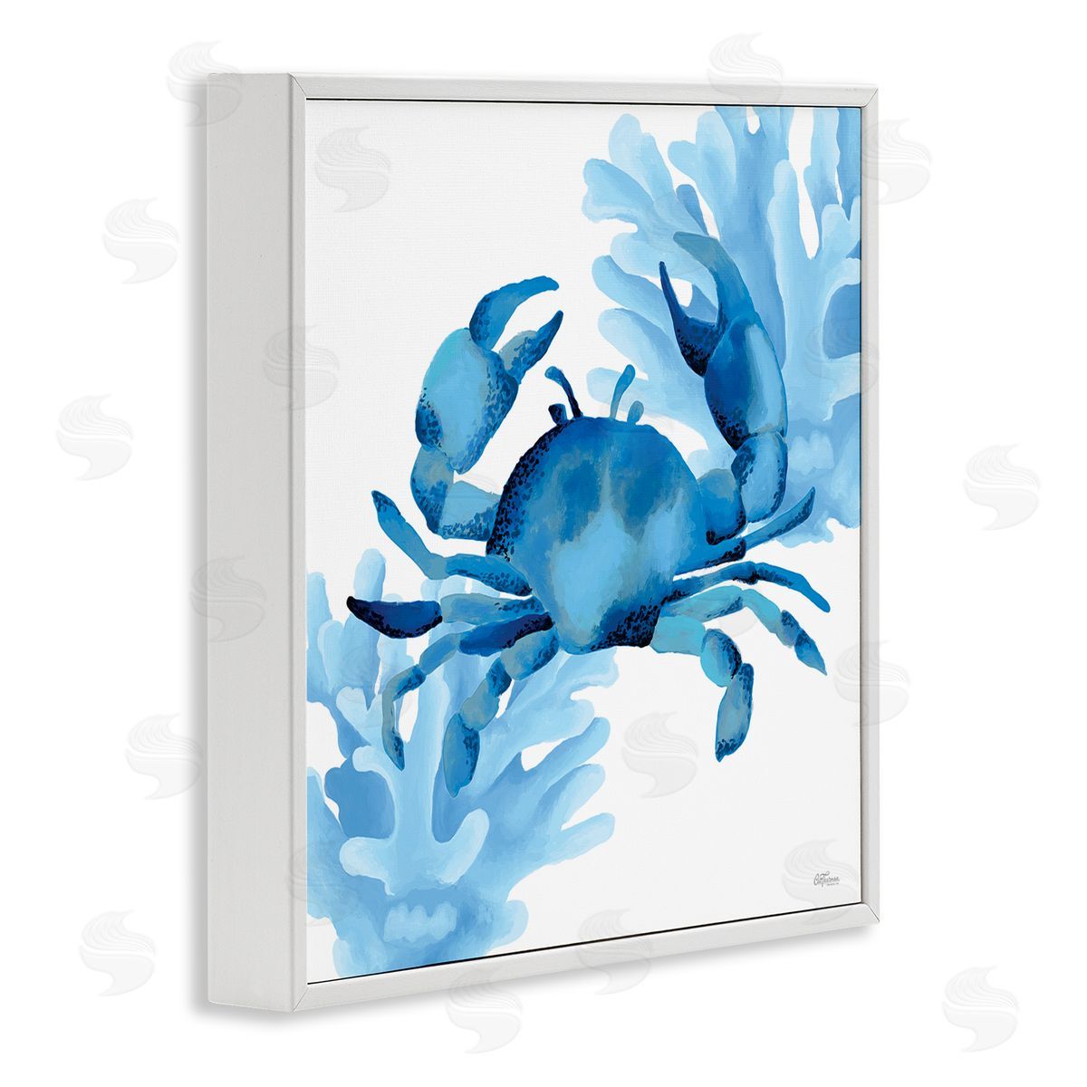 Blue Tone Crab & Coral White Frame Print Wall Art, Home Decor by Cat Thurman Designs