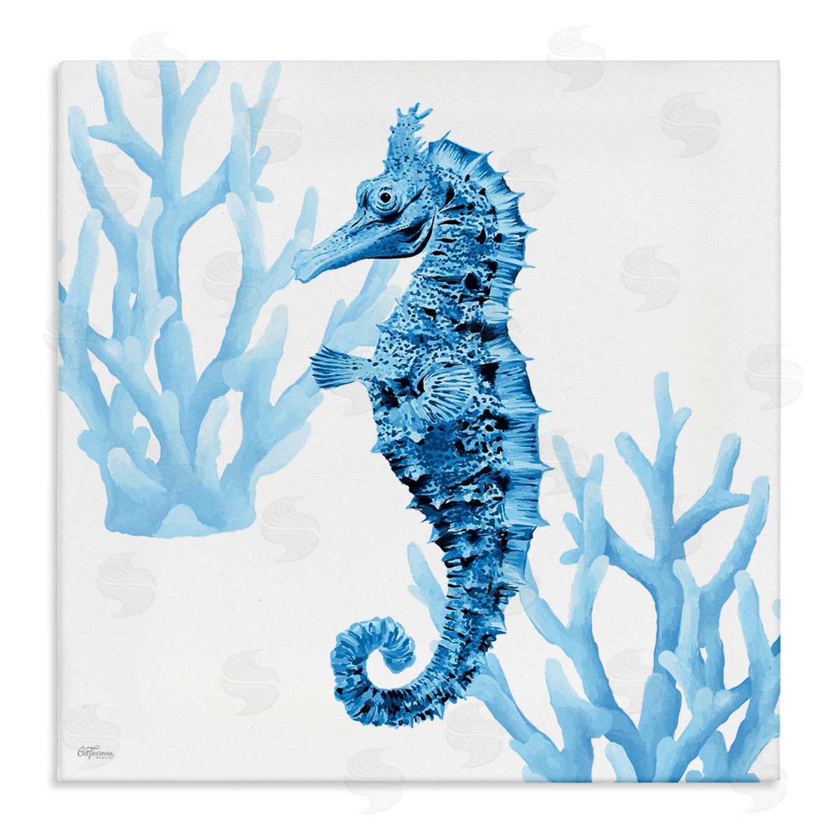 Blue Tone Seahorse & Coral Canvas Wall Art, Home Decor by Cat Thurman Designs