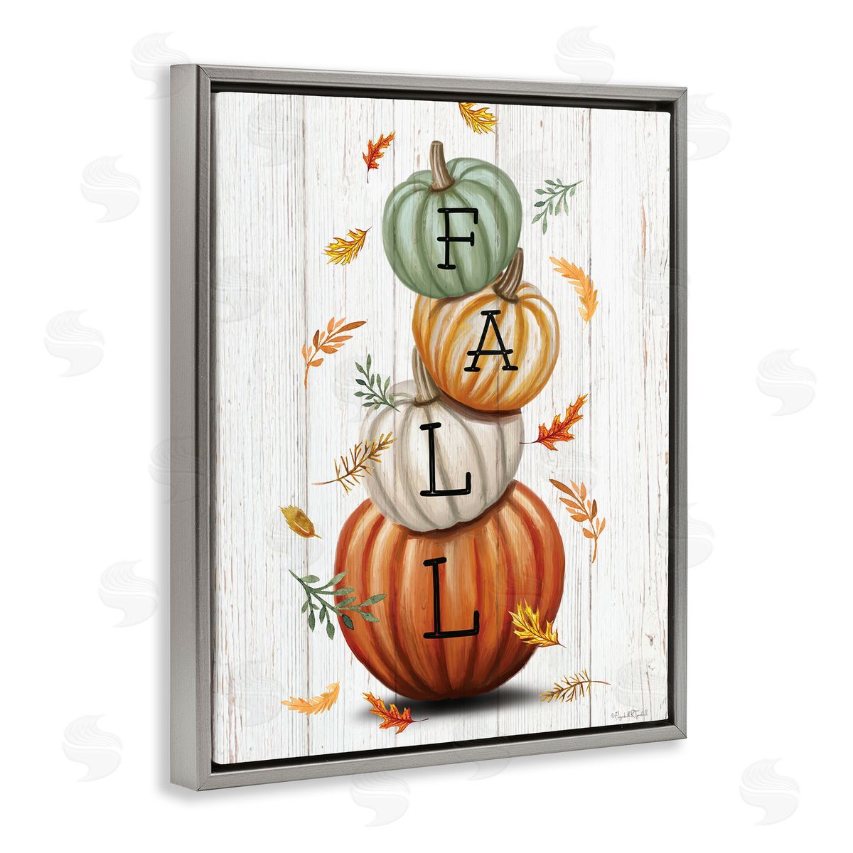 Falling Leaves & Pumpkin Stack Grey Floating Frame Canvas Wall Art, Home Decor by Elizabeth Tyndall