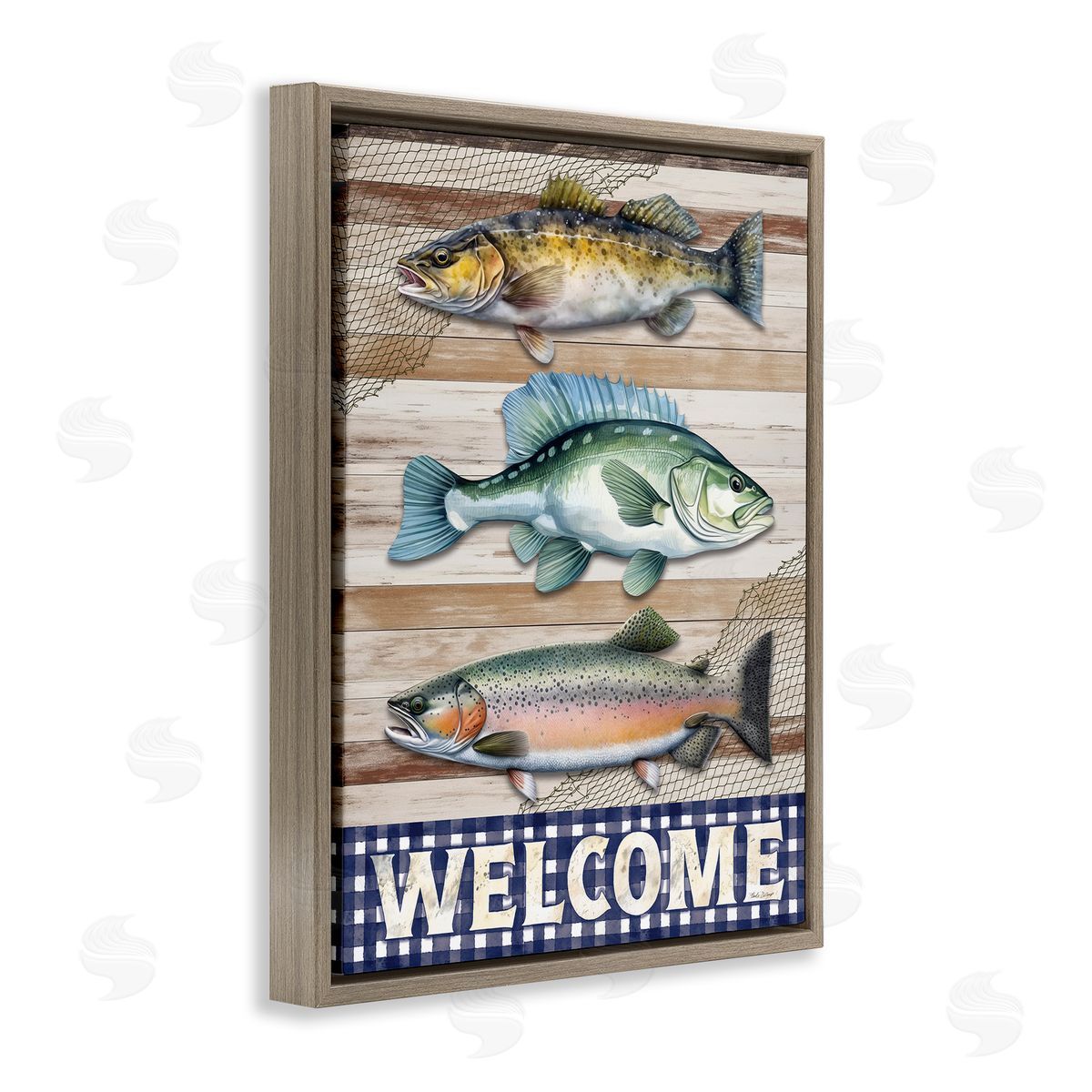 Welcome with Rustic Fish Brown Floating Frame Canvas Wall Art, Home Decor by Nicole DeCamp