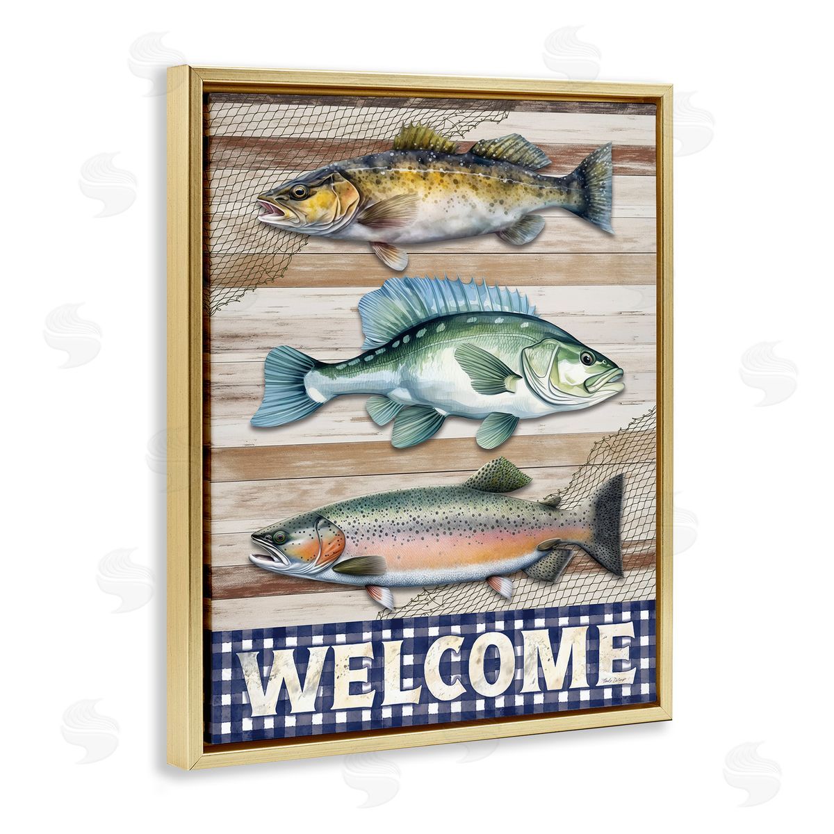Welcome with Rustic Fish Gold Floating Frame Canvas Wall Art, Home Decor by Nicole DeCamp