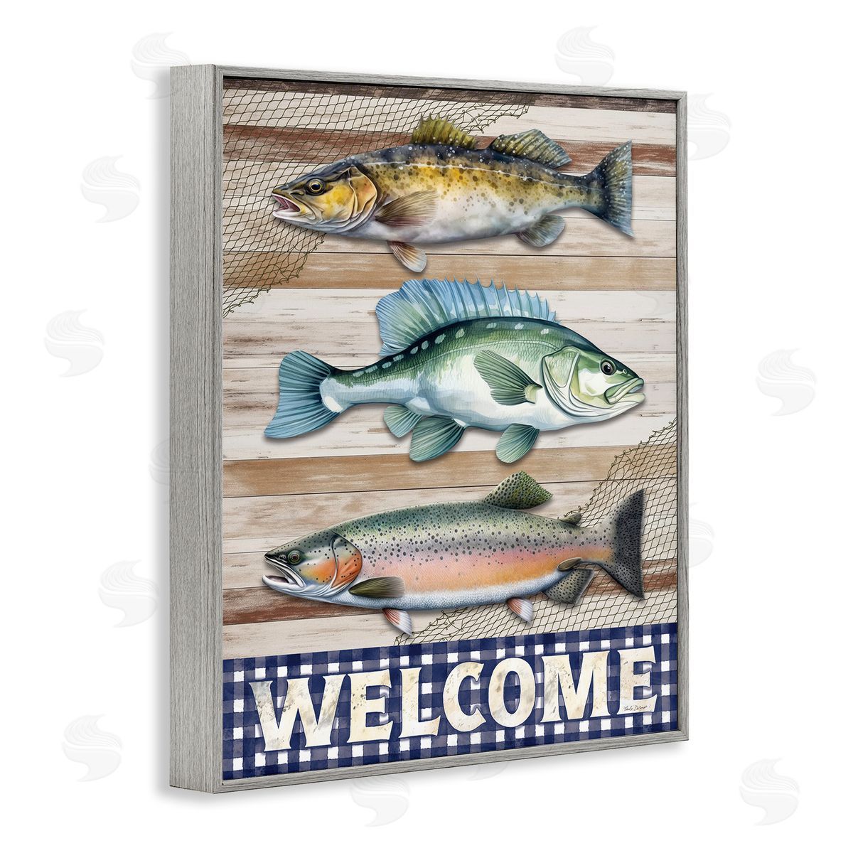 Welcome with Rustic Fish Grey Frame Print Wall Art, Home Decor by Nicole DeCamp