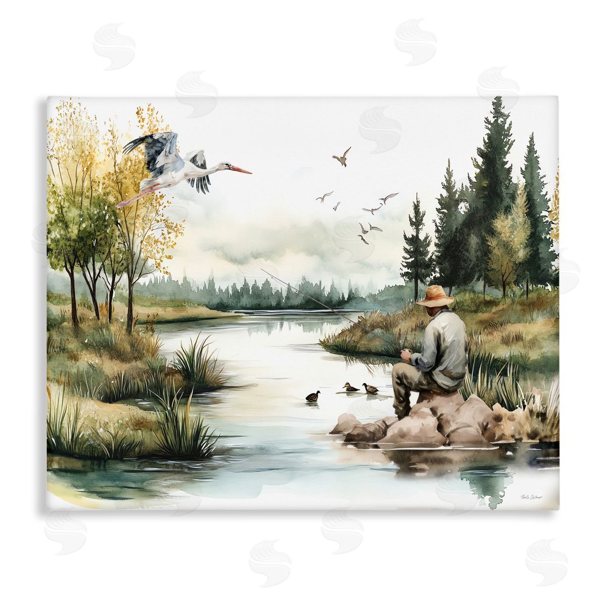 Fishing by River Landscape Canvas Wall Art, Home Decor by Nicole DeCamp