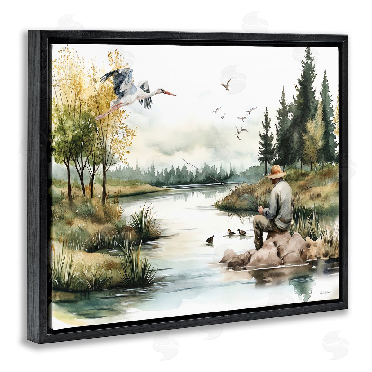 Fishing by River Landscape Black Floating Frame Canvas Wall Art, Home Decor by Nicole DeCamp