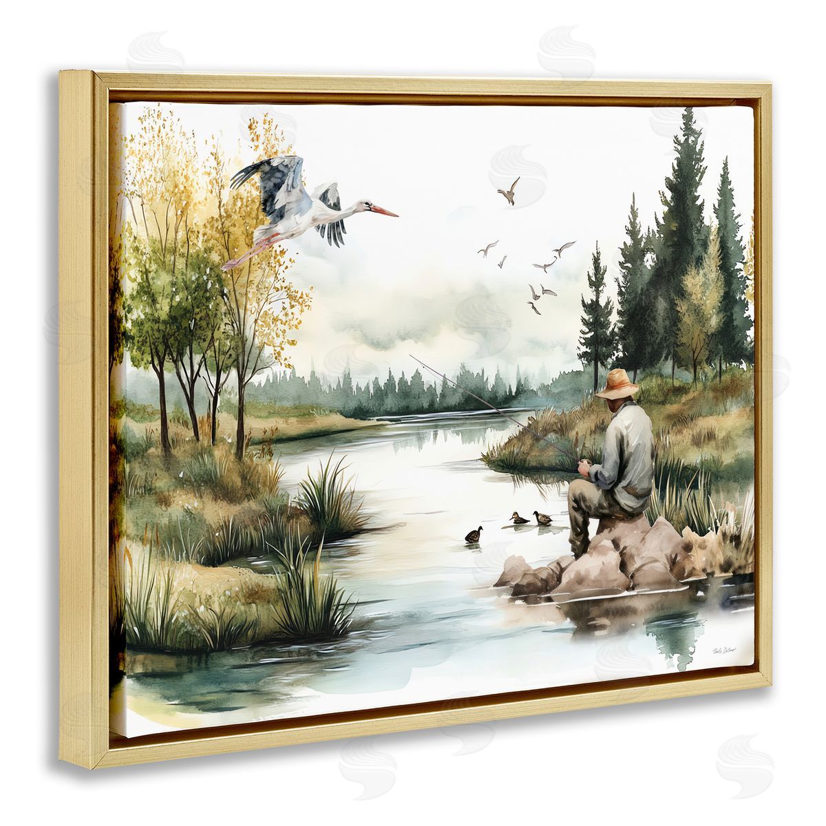 Fishing by River Landscape Gold Floating Frame Canvas Wall Art, Home Decor by Nicole DeCamp