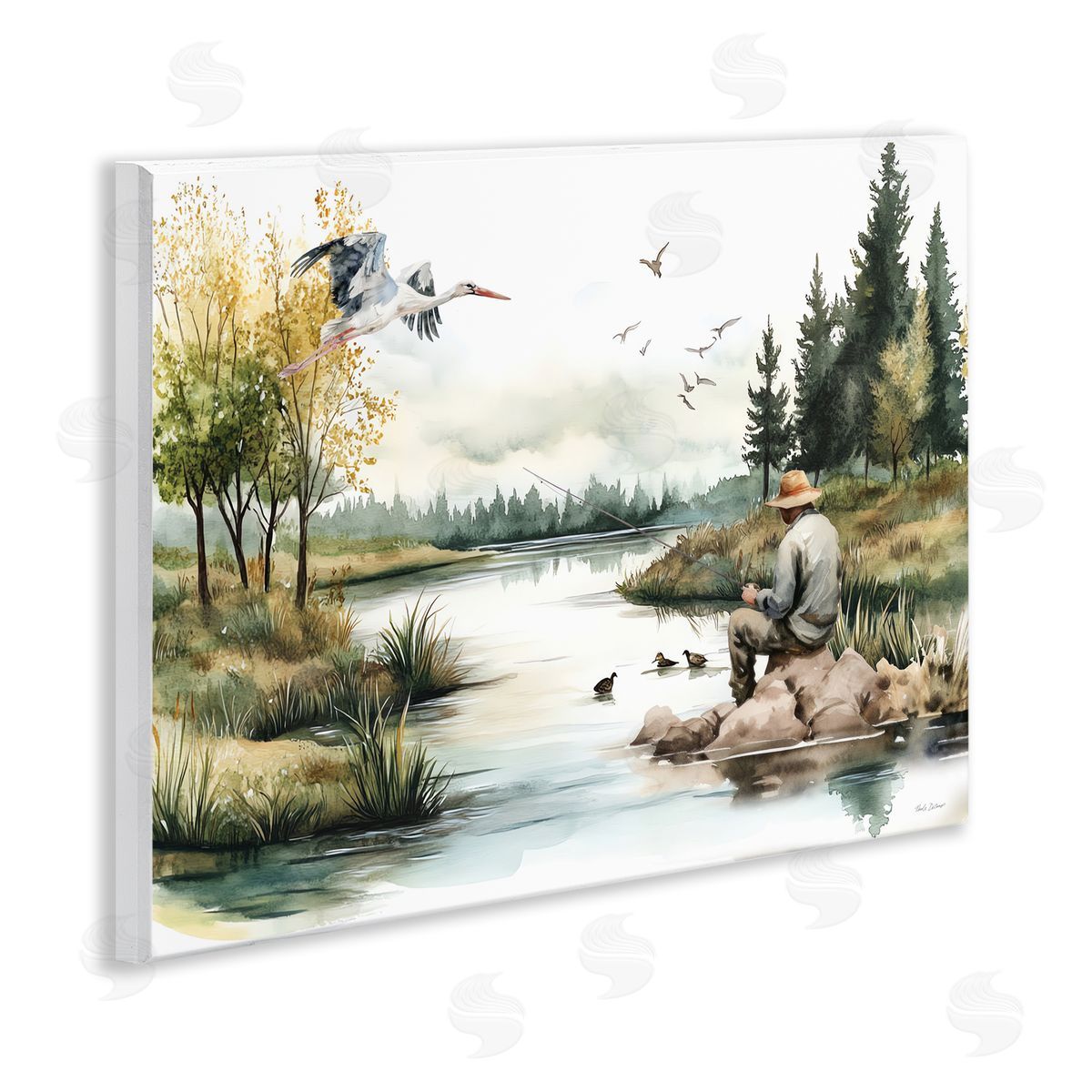 Fishing by River Landscape Wood Plaque Wall Art, Home Decor by Nicole DeCamp