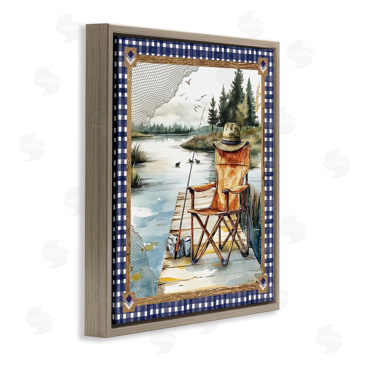 Fishing Chair on Dock Brown Floating Frame Canvas Wall Art, Home Decor by Nicole DeCamp