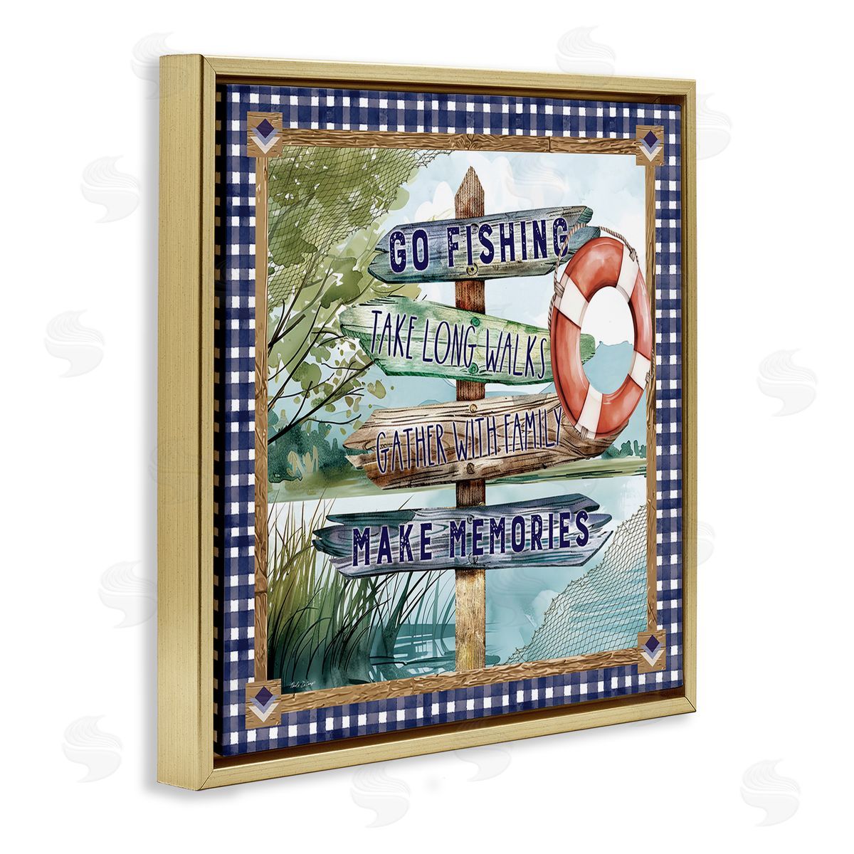 Plaid Border Lake Sign Gold Floating Frame Canvas Wall Art, Home Decor by Nicole DeCamp