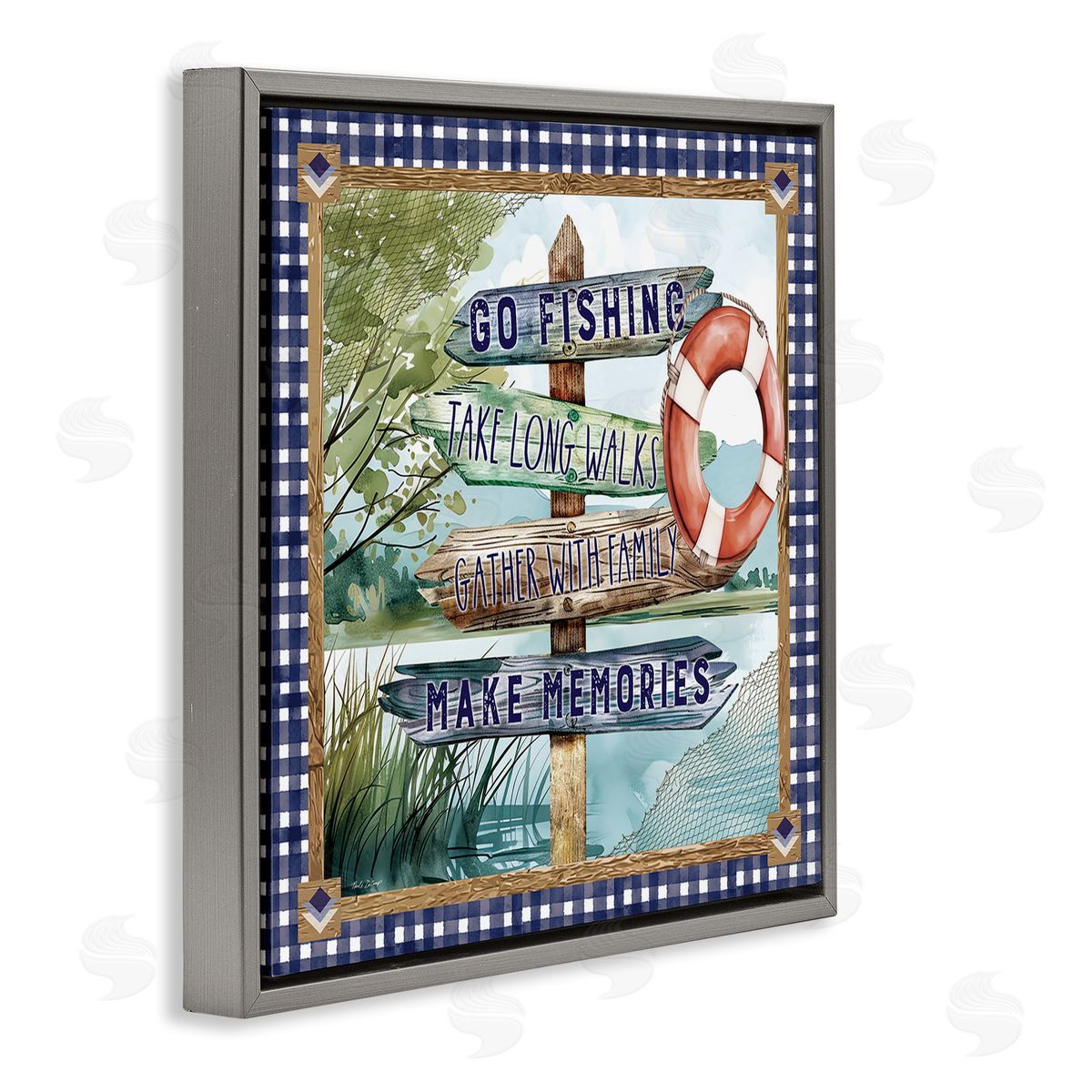 Plaid Border Lake Sign Grey Floating Frame Canvas Wall Art, Home Decor by Nicole DeCamp