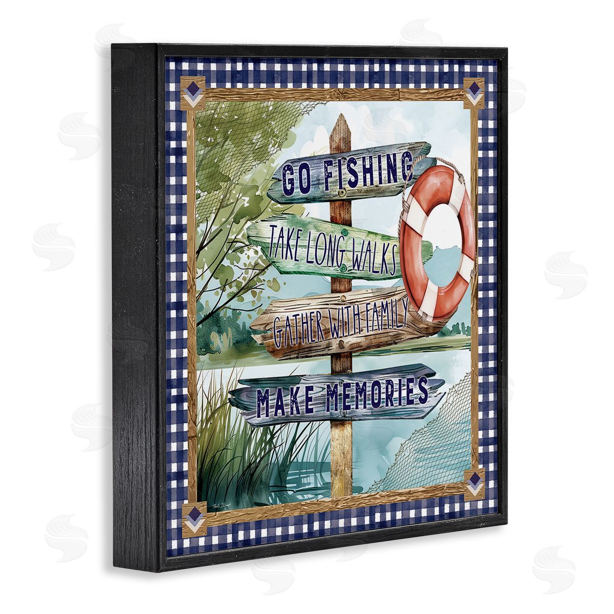 Plaid Border Lake Sign Black Frame Print Wall Art, Home Decor by Nicole DeCamp