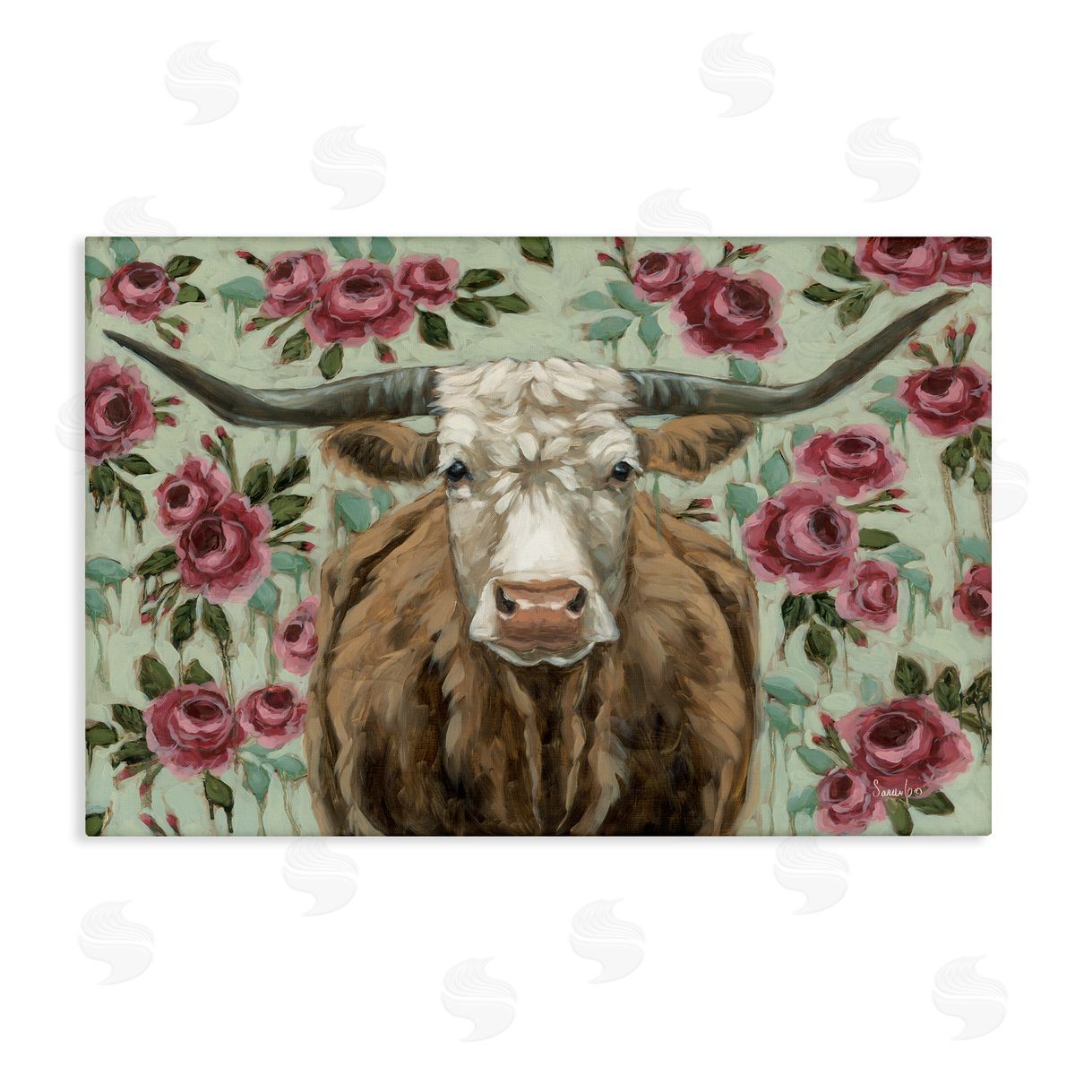 Longhorn with Magenta Blooms Canvas Wall Art, Home Decor by Sara G. Designs