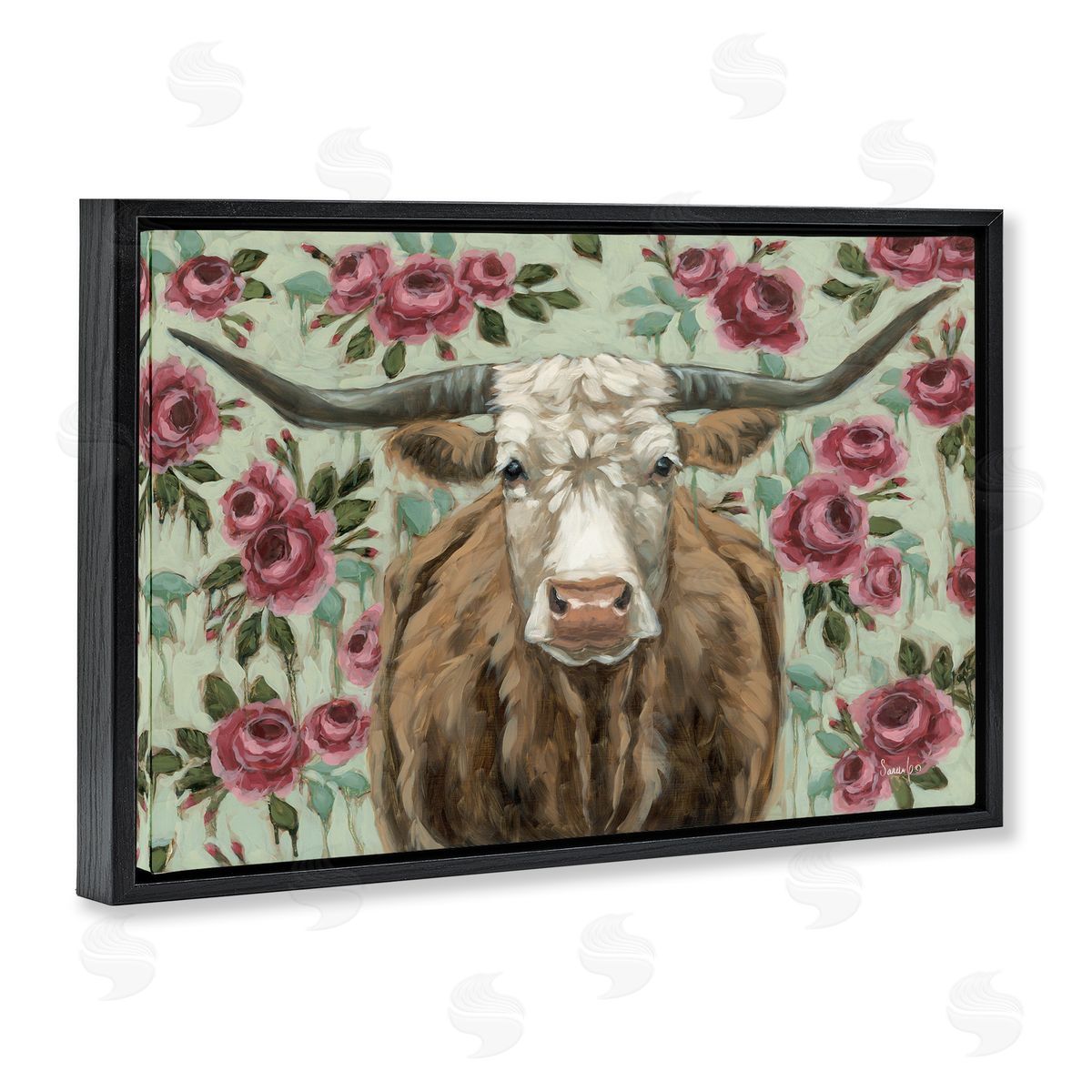 Longhorn with Magenta Blooms Black Floating Frame Canvas Wall Art, Home Decor by Sara G. Designs