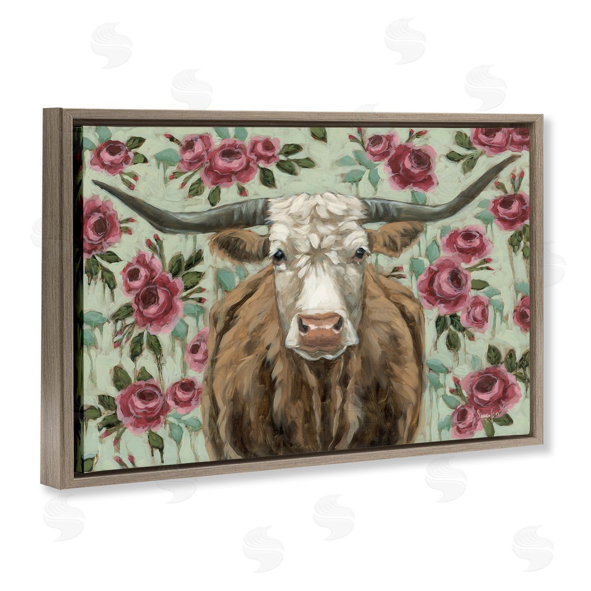 Longhorn with Magenta Blooms Brown Floating Frame Canvas Wall Art, Home Decor by Sara G. Designs