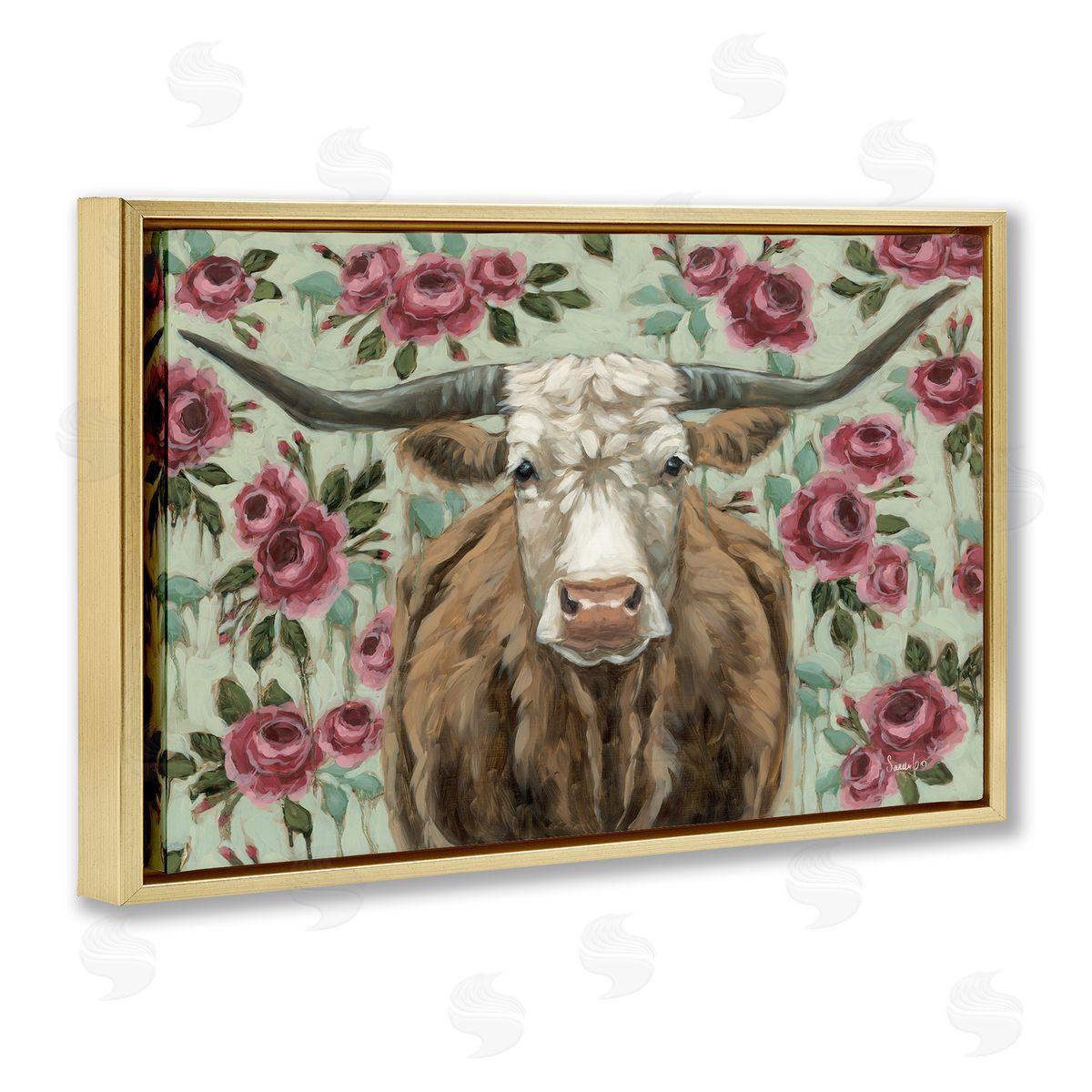 Longhorn with Magenta Blooms Gold Floating Frame Canvas Wall Art, Home Decor by Sara G. Designs