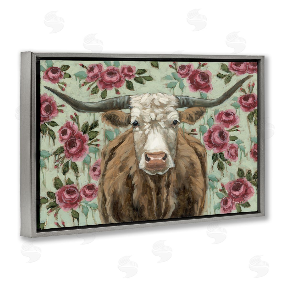 Longhorn with Magenta Blooms Grey Floating Frame Canvas Wall Art, Home Decor by Sara G. Designs