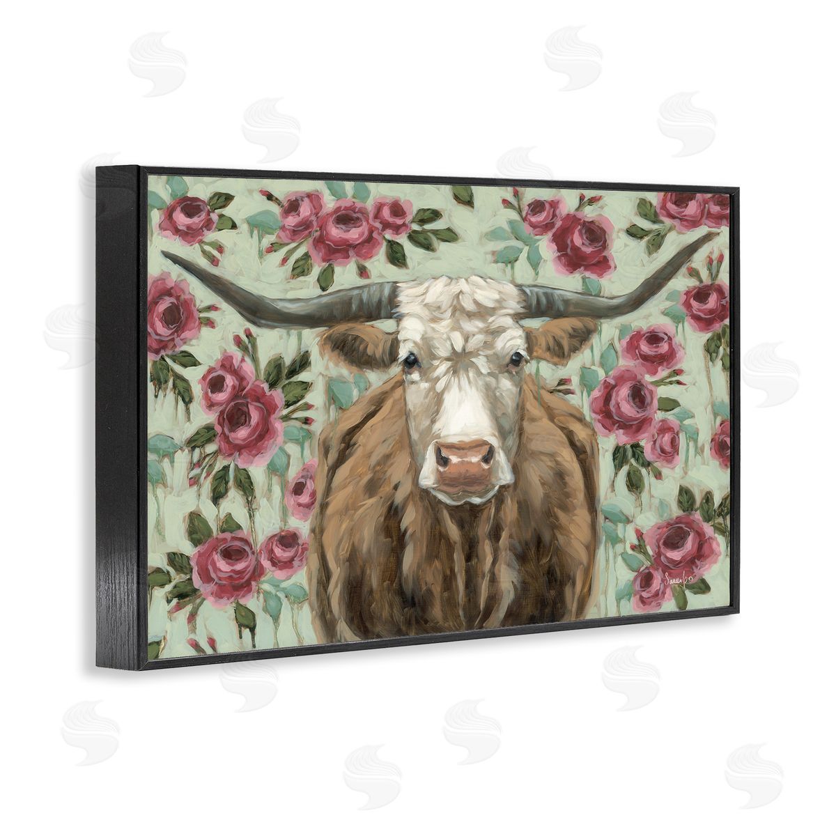Longhorn with Magenta Blooms Black Frame Print Wall Art, Home Decor by Sara G. Designs