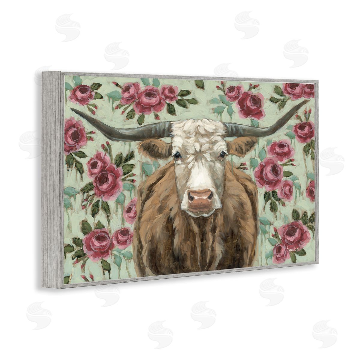 Longhorn with Magenta Blooms Grey Frame Print Wall Art, Home Decor by Sara G. Designs