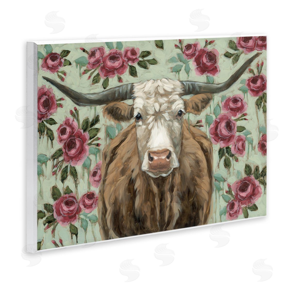 Longhorn with Magenta Blooms Wood Plaque Wall Art, Home Decor by Sara G. Designs