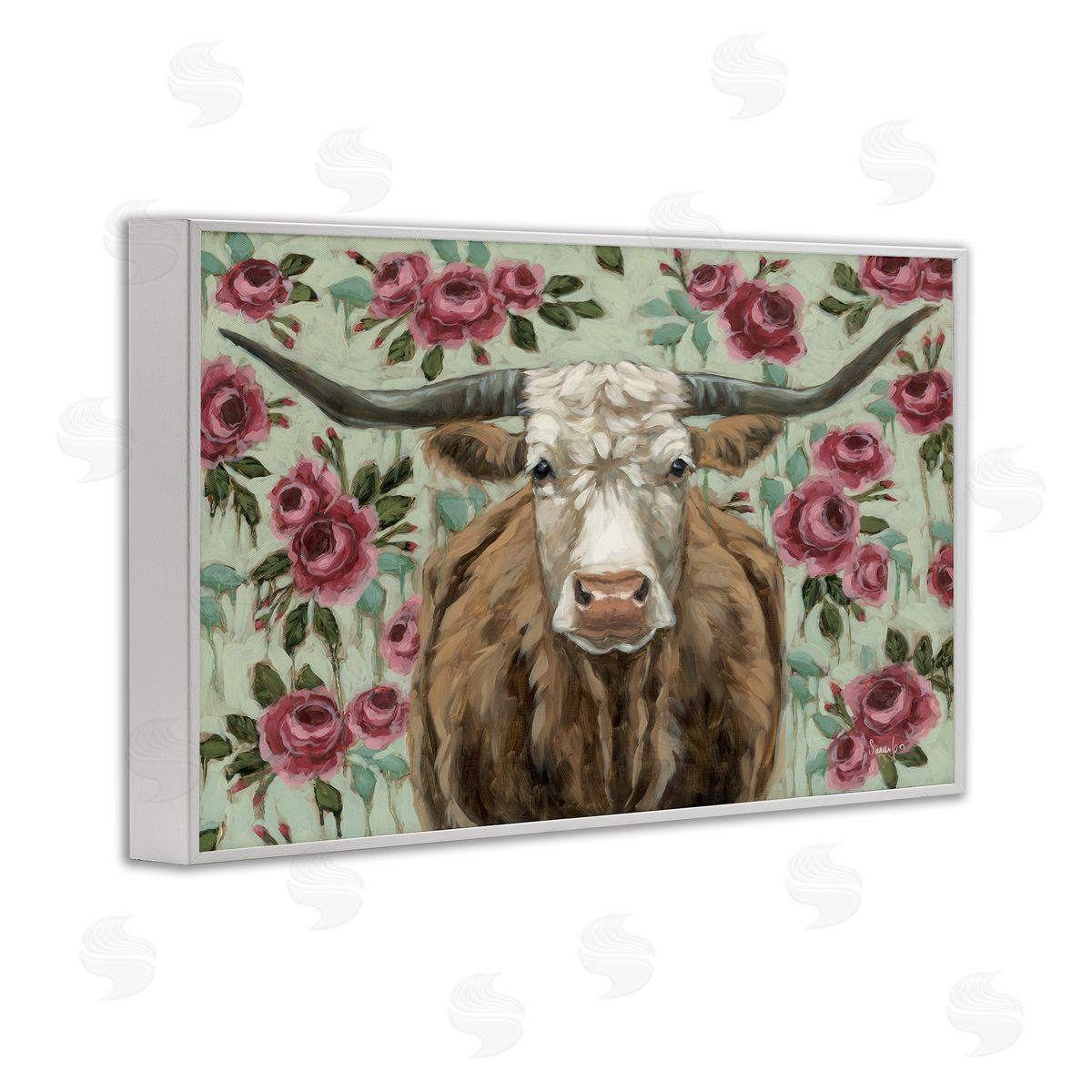 Longhorn with Magenta Blooms White Frame Print Wall Art, Home Decor by Sara G. Designs