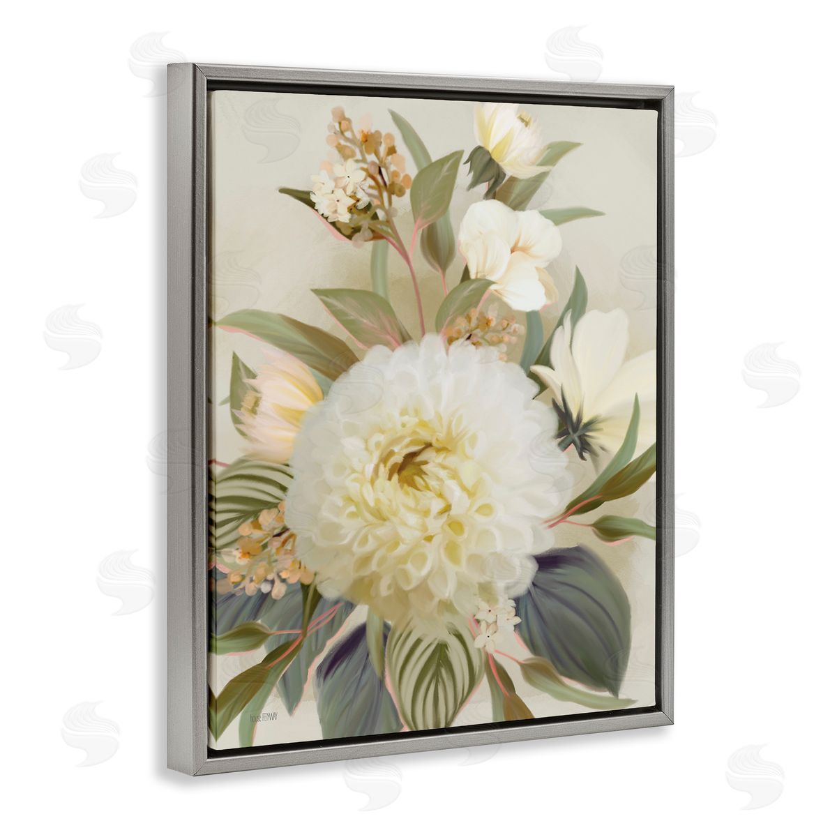 Elegant Dahlia Bundle Grey Floating Frame Canvas Wall Art, Home Decor by House Fenway