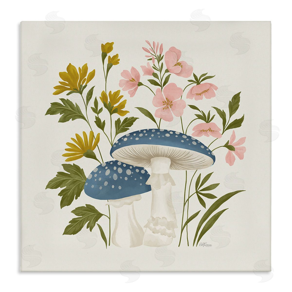 Blue Mushrooms & Wildflowers Canvas Wall Art, Home Decor by Cat Thurman Designs