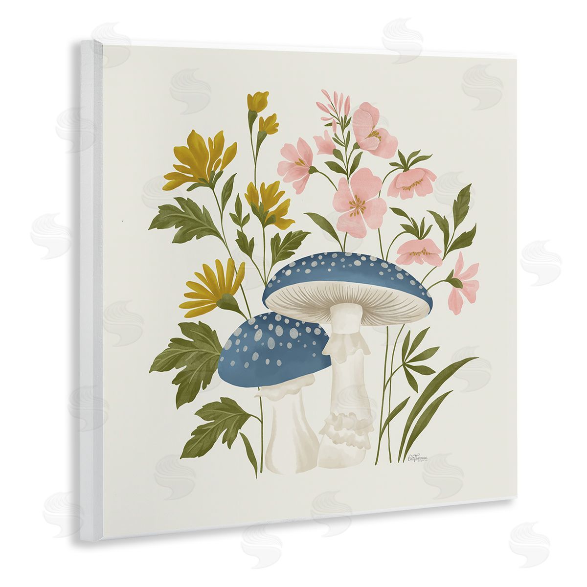 Blue Mushrooms & Wildflowers Wood Plaque Wall Art, Home Decor by Cat Thurman Designs