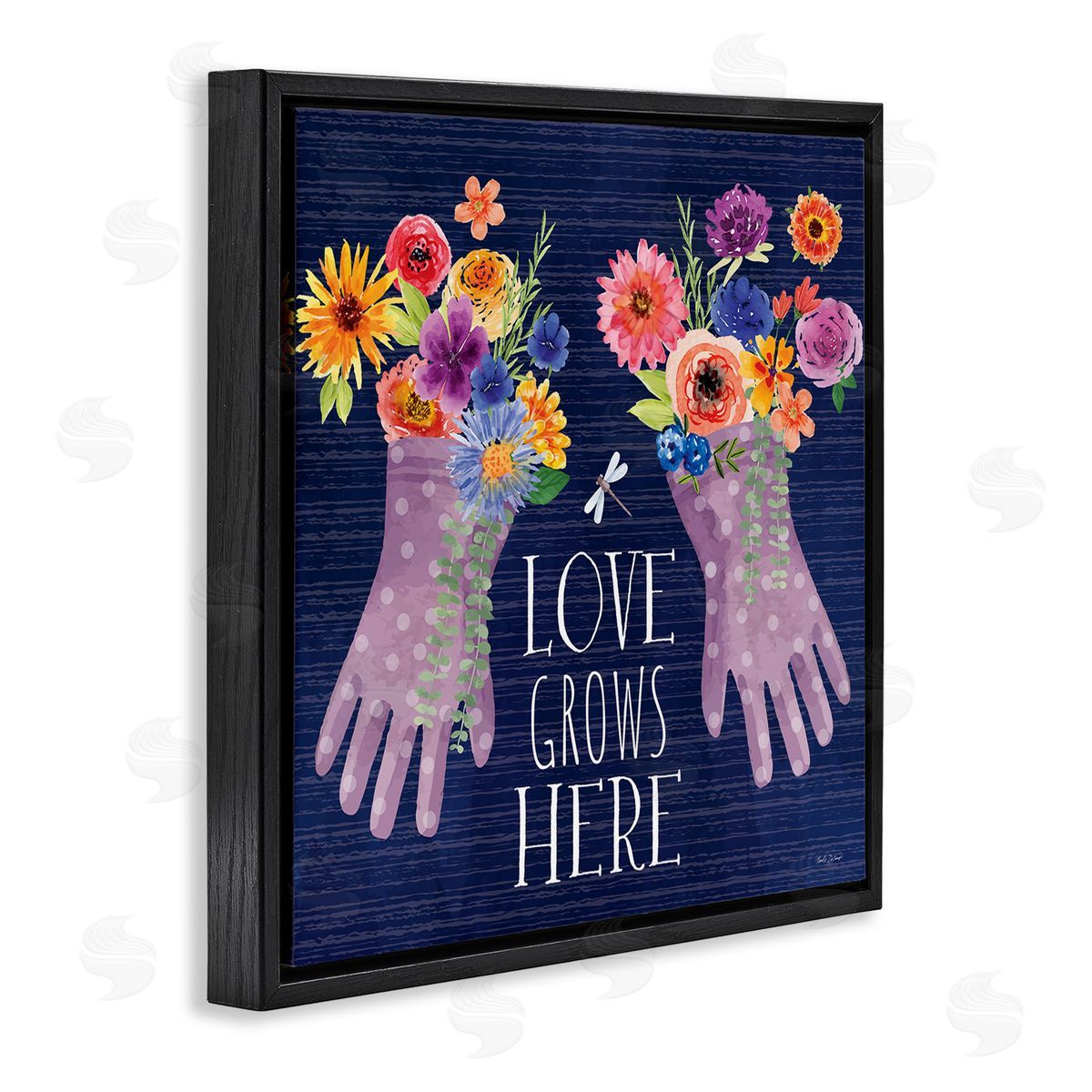 Love Grows Here Gardening Gloves Black Floating Frame Canvas Wall Art, Home Decor by Nicole DeCamp