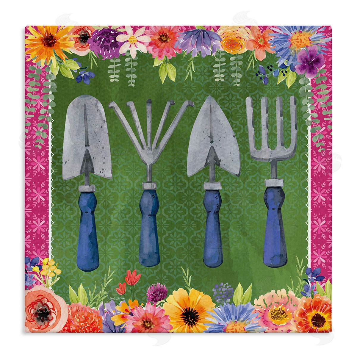 Gardening Tools & Floral Border Canvas Wall Art, Home Decor by Nicole DeCamp