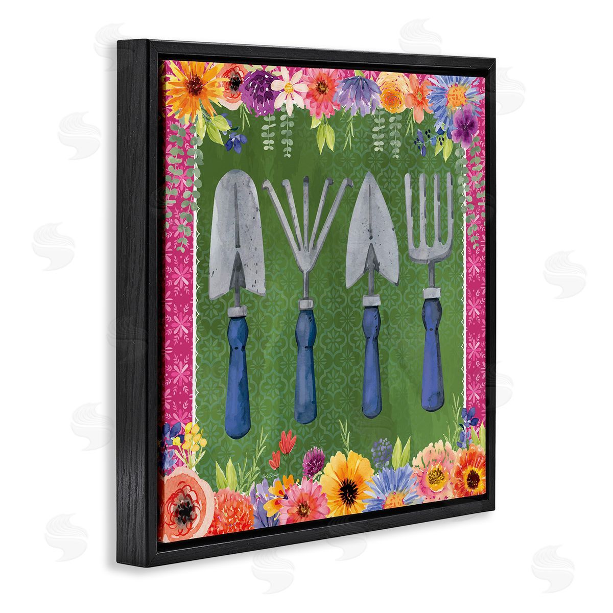 Gardening Tools & Floral Border Black Floating Frame Canvas Wall Art, Home Decor by Nicole DeCamp