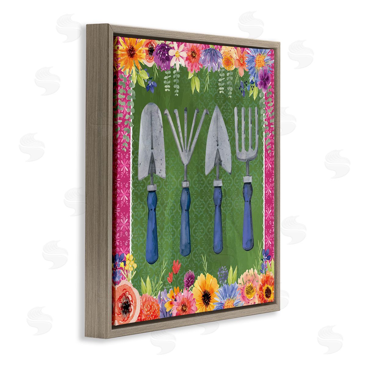 Gardening Tools & Floral Border Brown Floating Frame Canvas Wall Art, Home Decor by Nicole DeCamp