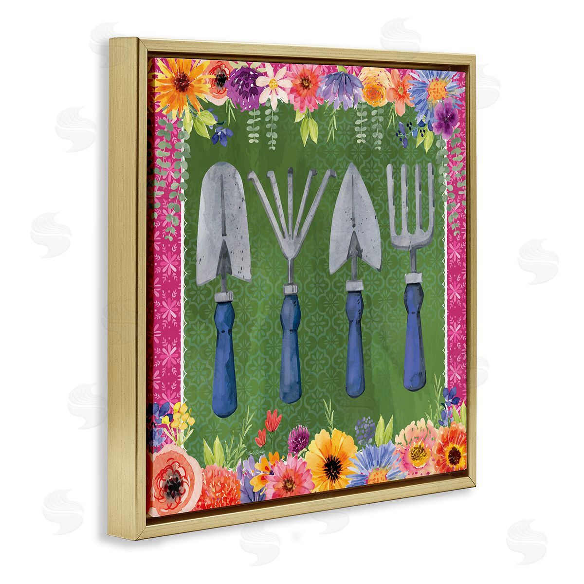 Gardening Tools & Floral Border Gold Floating Frame Canvas Wall Art, Home Decor by Nicole DeCamp