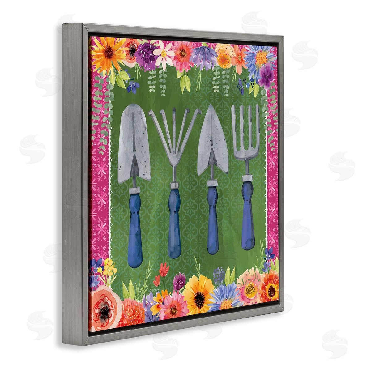 Gardening Tools & Floral Border Grey Floating Frame Canvas Wall Art, Home Decor by Nicole DeCamp