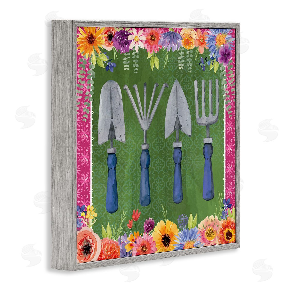 Gardening Tools & Floral Border Grey Frame Print Wall Art, Home Decor by Nicole DeCamp