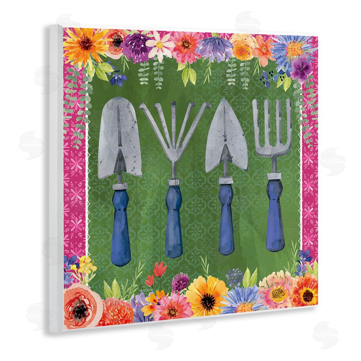 Gardening Tools & Floral Border Wood Plaque Wall Art, Home Decor by Nicole DeCamp