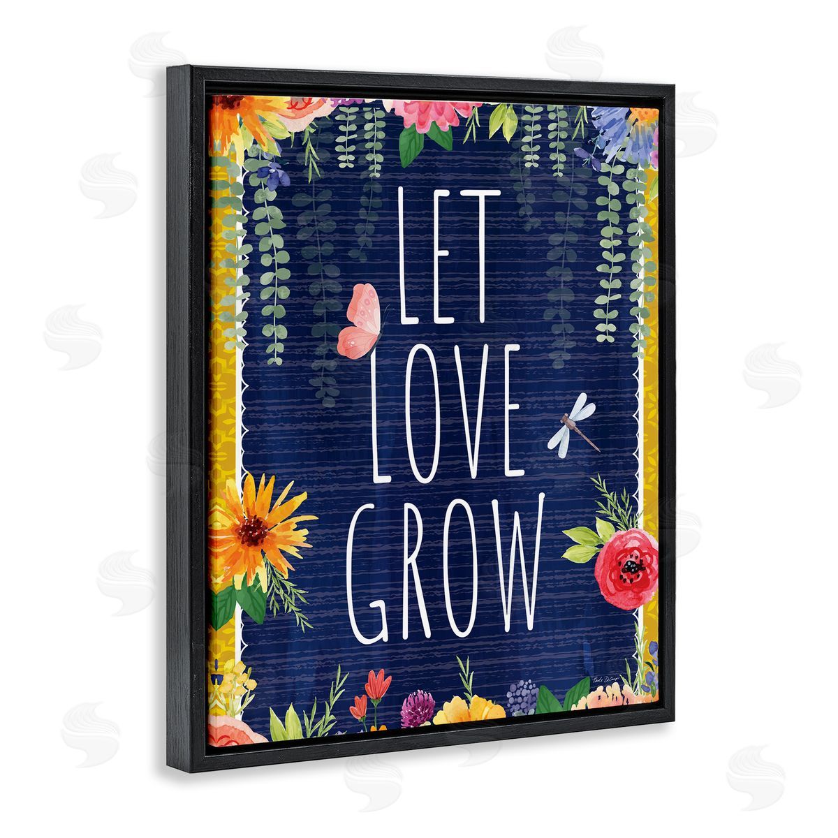Let Love Grow Floral Border Black Floating Frame Canvas Wall Art, Home Decor by Nicole DeCamp